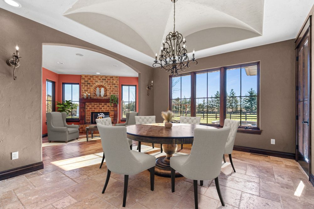 Spacious dining area in luxury Mediterranean Revival estate