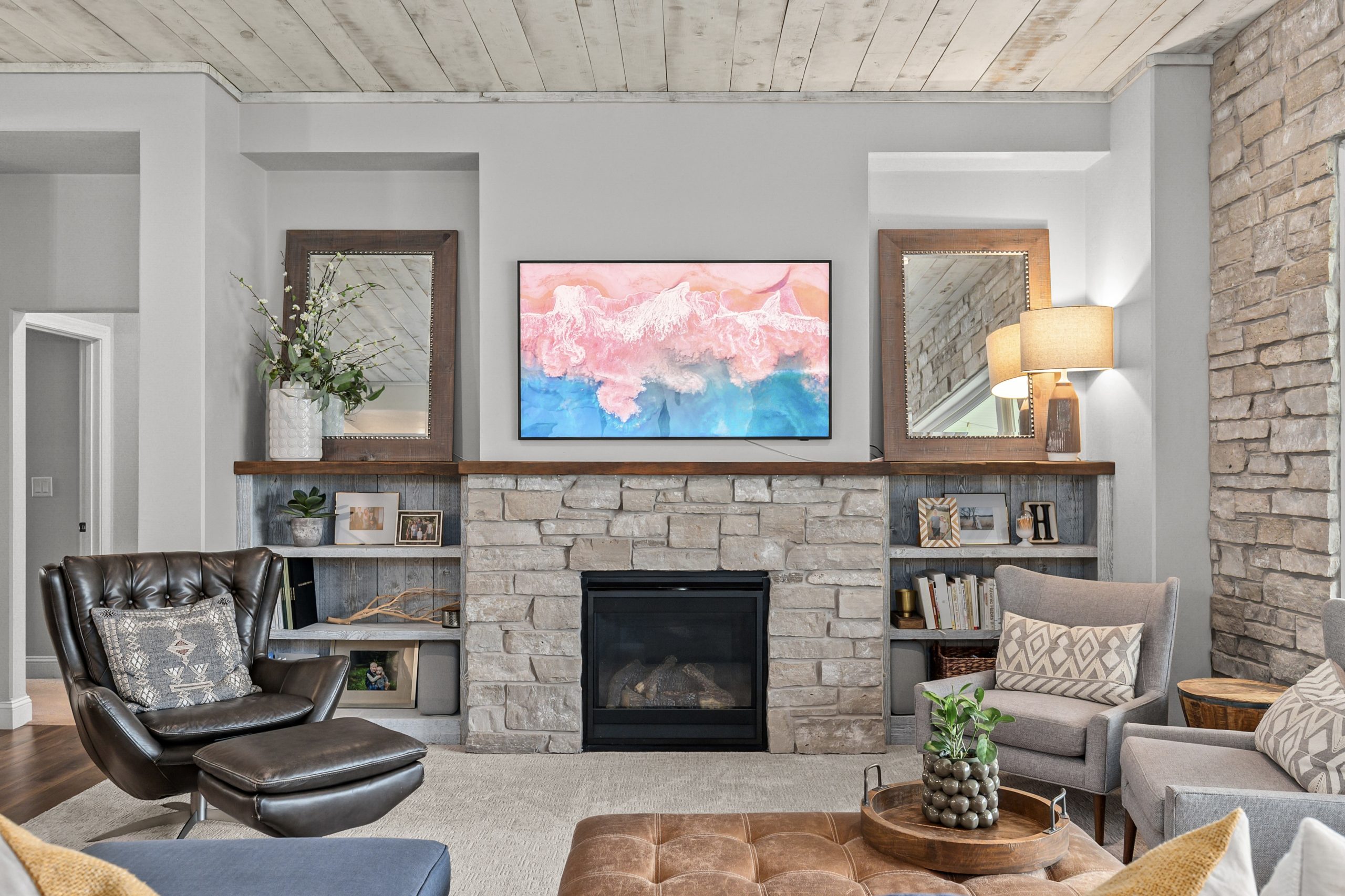 Stone fireplace feature at W6681 Charleen Ln in Greenville, WI