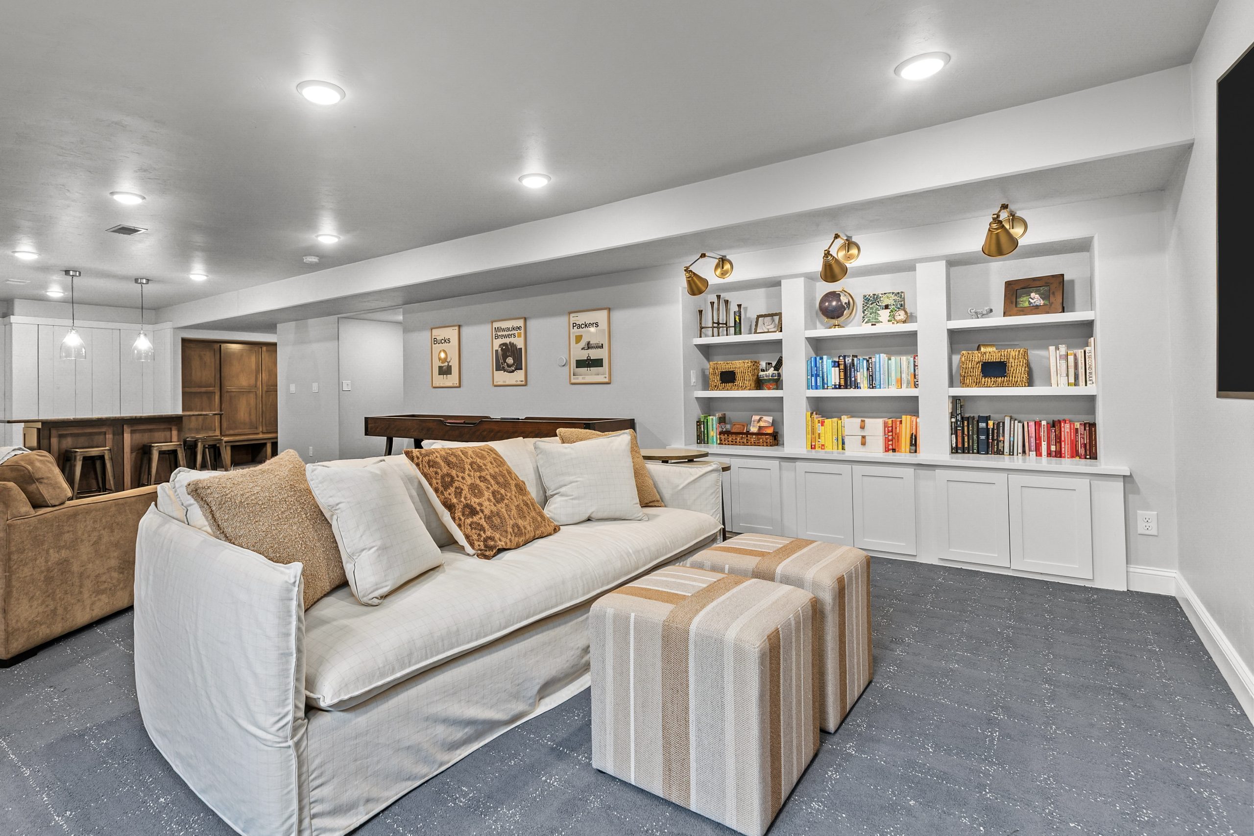 Lower-level rec room built-in shelving at W6681 Charleen Ln in Greenville, WI